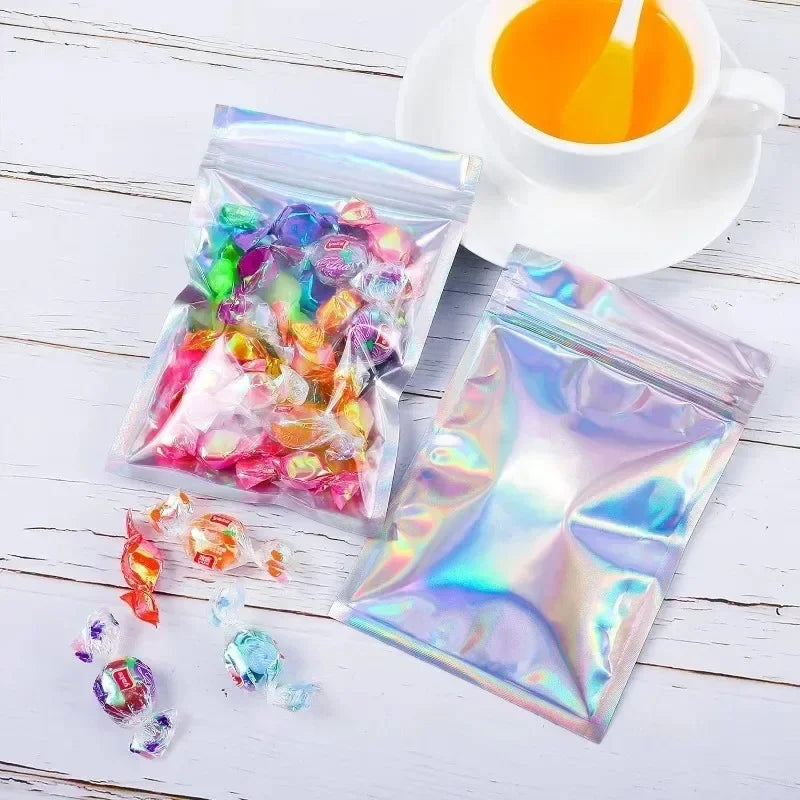 100/10PCS Iridescent Self-Sealing Bags Plastic Laser Zipper Storage Bag Candy Makeup Jewelry Gift Food Waterproof Packing Pouch