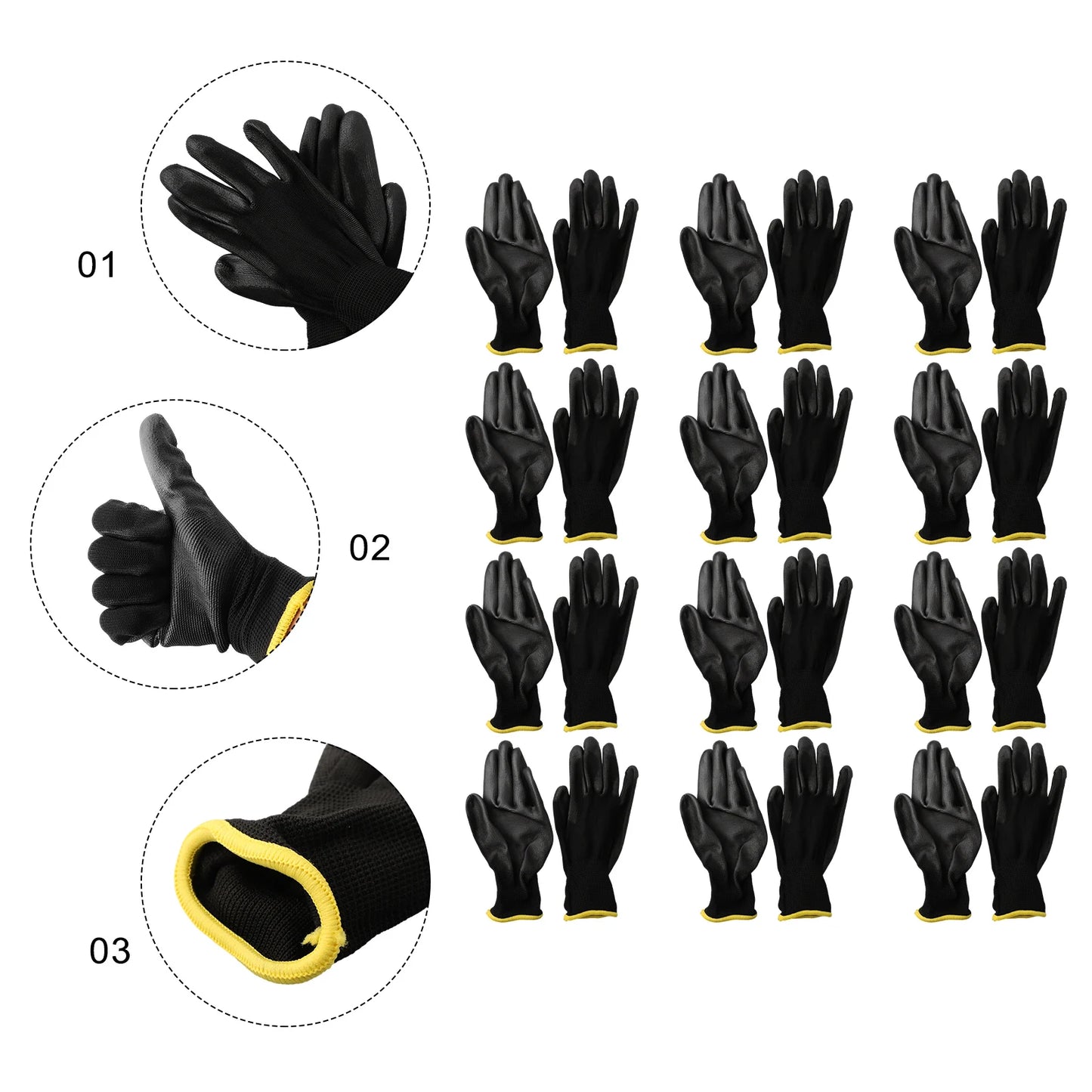 12Pairs Safety Coating Work Gloves Hand Protect PU Nylon Antiskid Dust-proof For Precision Works And Garden Work