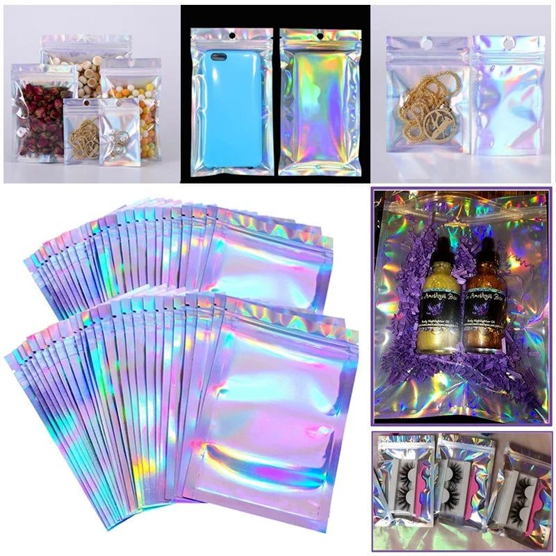 10pcs Laser Rainbow Storage Bags Waterproof Lock Bags for Jewelry Gifts Food Packing Bags Home Kitchen Organizer Mask Holders