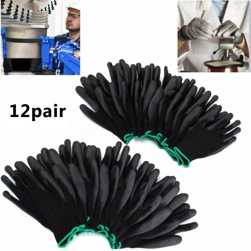 12Pairs Safety Coating Work Gloves Hand Protect PU Nylon Antiskid Dust-proof For Precision Works And Garden Work