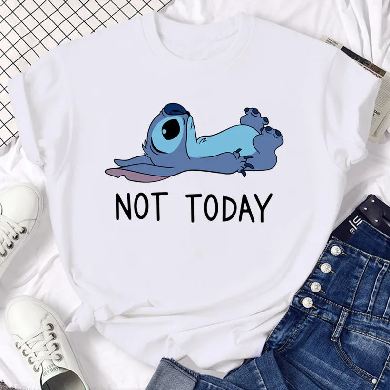 Funny Not Today Stitch Female Clothing Cartoon Y2k Stitch Summer Top Casual T Shirt Women's T-shirt Fashion Tops