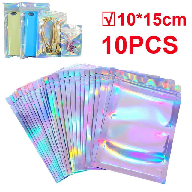 10pcs Laser Rainbow Storage Bags Waterproof Lock Bags for Jewelry Gifts Food Packing Bags Home Kitchen Organizer Mask Holders