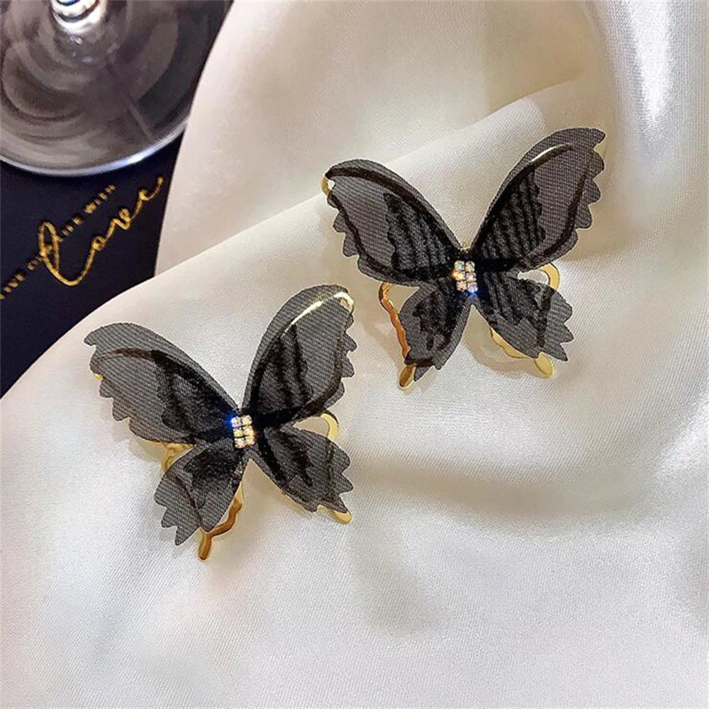 Exaggerated Black White Hollow Mesh Butterfly Stud Earrings For Women Party Jewelry Gift