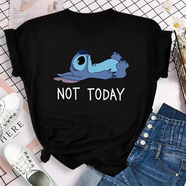 Funny Not Today Stitch Female Clothing Cartoon Y2k Stitch Summer Top Casual T Shirt Women's T-shirt Fashion Tops