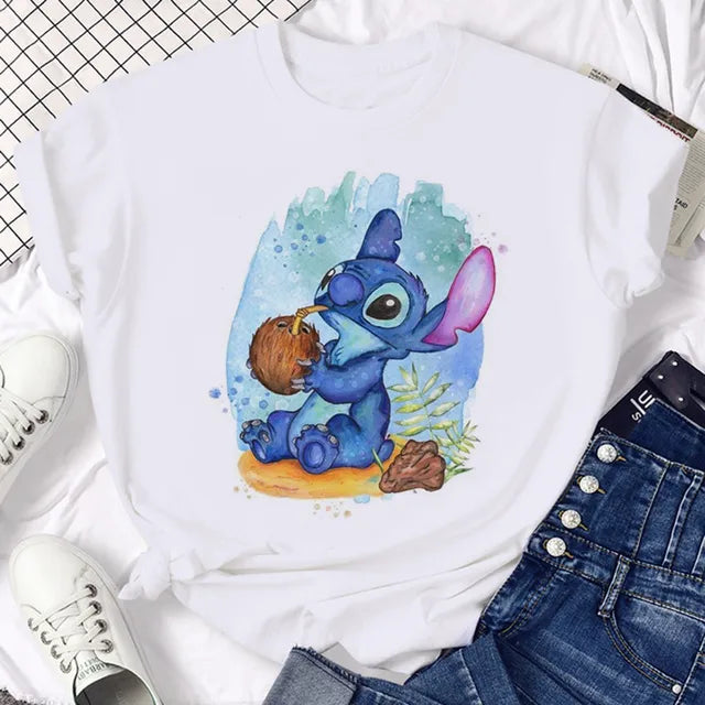 Funny Not Today Stitch Female Clothing Cartoon Y2k Stitch Summer Top Casual T Shirt Women's T-shirt Fashion Tops