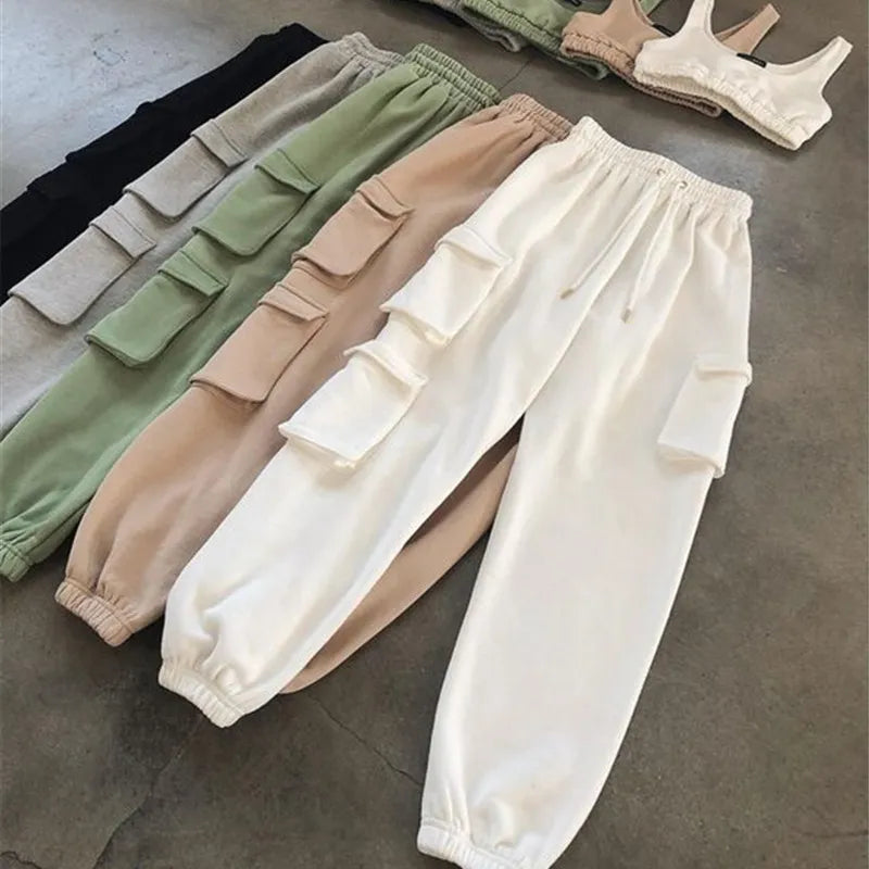 Spring Autumn Vintage Patchwork Joggers Sweatpants Harajuku Woman Trousers Elastics High Waist Pockets Drawstring Solid Pants