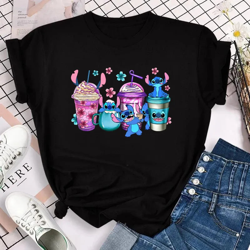 2023 Kawaii Stitch T-shirt Summer Female Y2k Clothes Casual Black Top Women's T-shirt Fashion Disney Streetwear