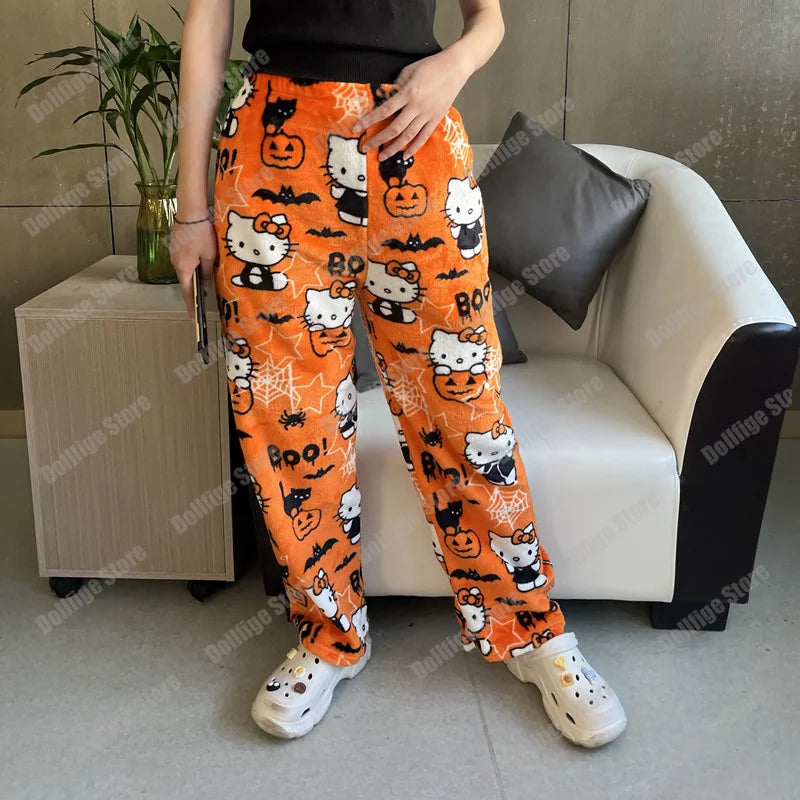 2023 Sanrio Hello Kitty Pajamas Halloween Flannel Fashion Trouserswomen Kawaii Woolen Anime Cartoon Casual Home Pants Autumn