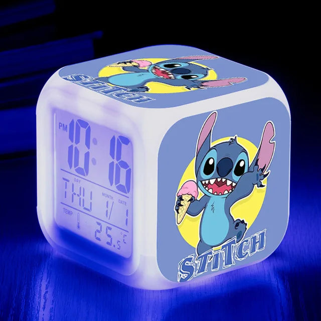 Disney Lilo Stitch Alarm Clock Growing LED Color Change Digital Light PVC Action Figure Toys for Kids Birthday Gift