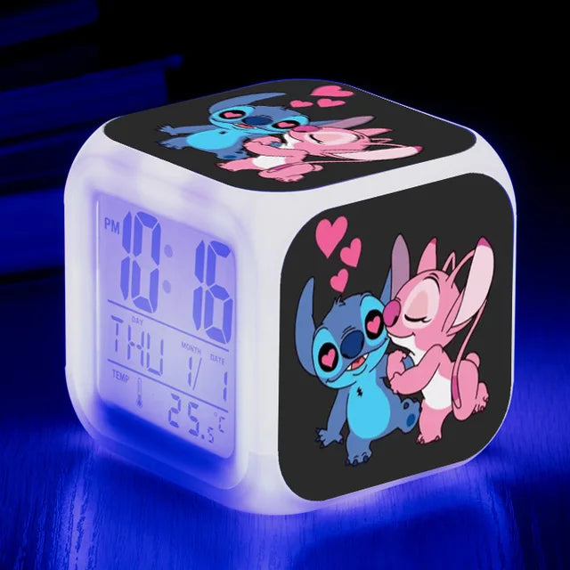 Disney Lilo Stitch Alarm Clock Growing LED Color Change Digital Light PVC Action Figure Toys for Kids Birthday Gift