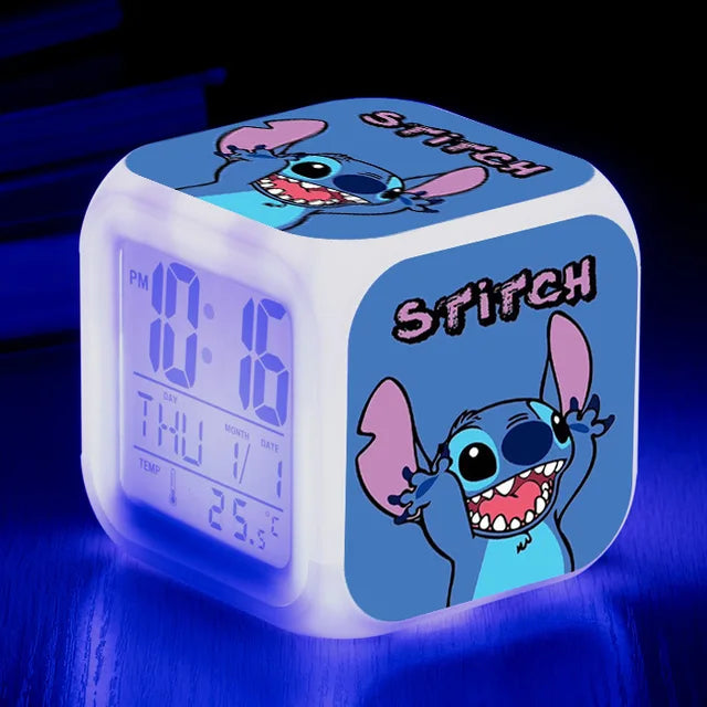 Disney Lilo Stitch Alarm Clock Growing LED Color Change Digital Light PVC Action Figure Toys for Kids Birthday Gift