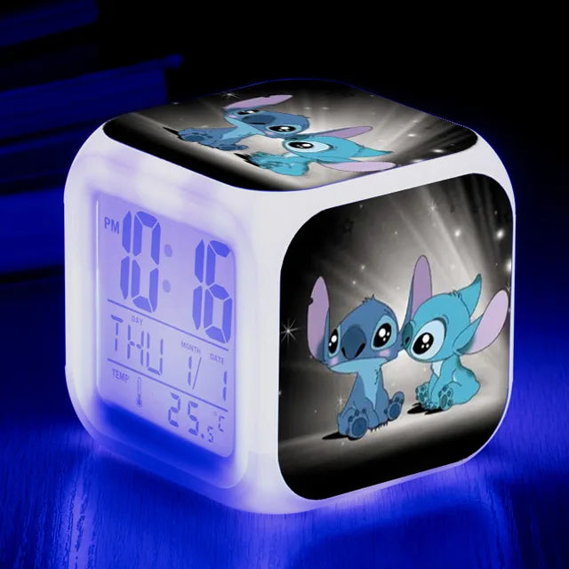 Disney Lilo Stitch Alarm Clock Growing LED Color Change Digital Light PVC Action Figure Toys for Kids Birthday Gift