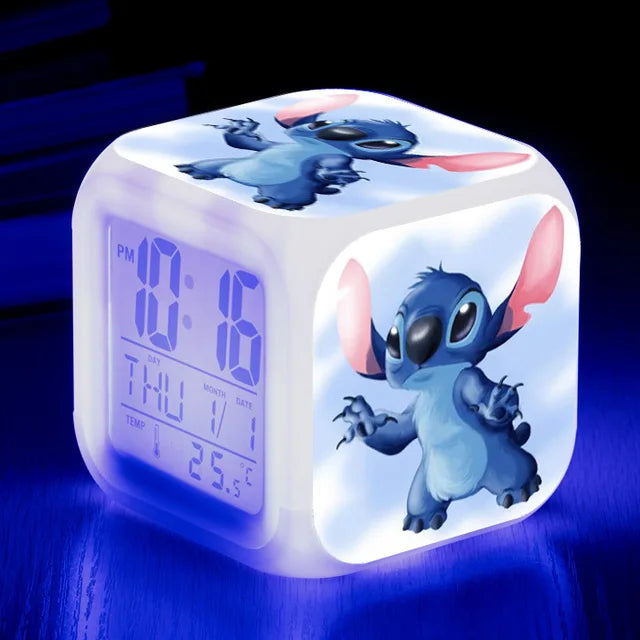 Disney Lilo Stitch Alarm Clock Growing LED Color Change Digital Light PVC Action Figure Toys for Kids Birthday Gift