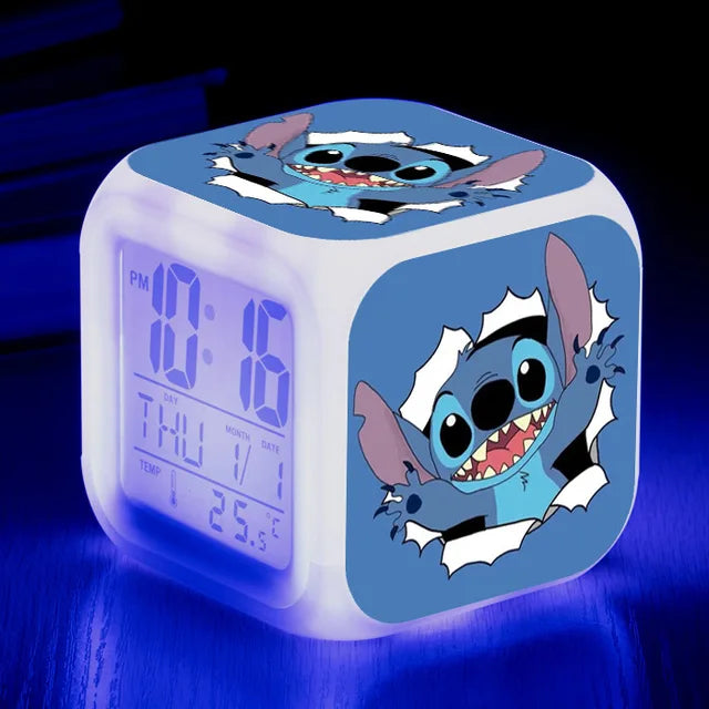 Disney Lilo Stitch Alarm Clock Growing LED Color Change Digital Light PVC Action Figure Toys for Kids Birthday Gift