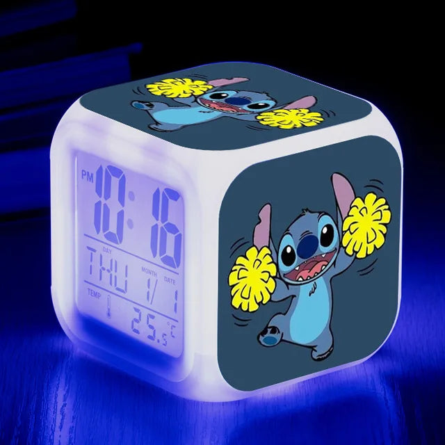 Disney Lilo Stitch Alarm Clock Growing LED Color Change Digital Light PVC Action Figure Toys for Kids Birthday Gift