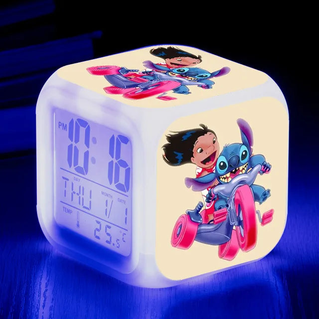 Disney Lilo Stitch Alarm Clock Growing LED Color Change Digital Light PVC Action Figure Toys for Kids Birthday Gift