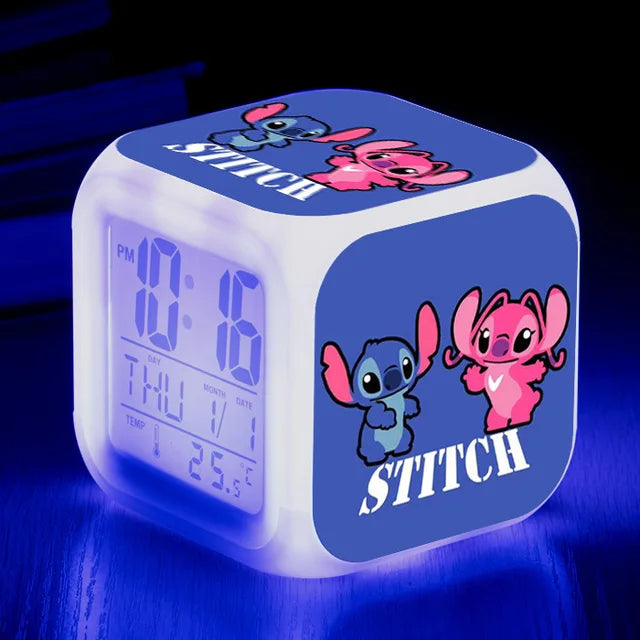 Disney Lilo Stitch Alarm Clock Growing LED Color Change Digital Light PVC Action Figure Toys for Kids Birthday Gift