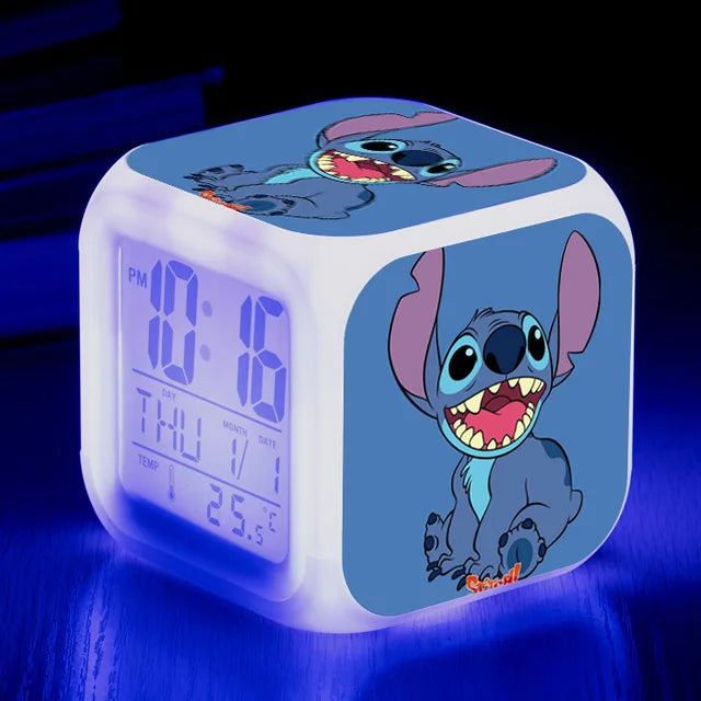 Disney Lilo Stitch Alarm Clock Growing LED Color Change Digital Light PVC Action Figure Toys for Kids Birthday Gift