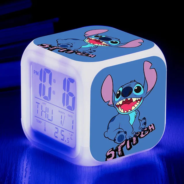 Disney Lilo Stitch Alarm Clock Growing LED Color Change Digital Light PVC Action Figure Toys for Kids Birthday Gift